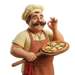Pizza Planet pizzaiolo chef holding a Margherita pizza on a wooden peel
