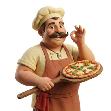 Pizza Planet pizzaiolo chef holding a Margherita pizza on a wooden peel