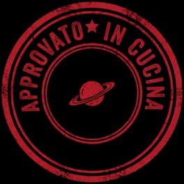Red rubber stamp reading Approvato in cucina, with a small ringed planet